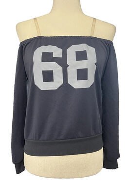 Juniors Girls Size 11Y Unbranded Navy Blue Off Shoulder Long Sleeve "68" Preppy
